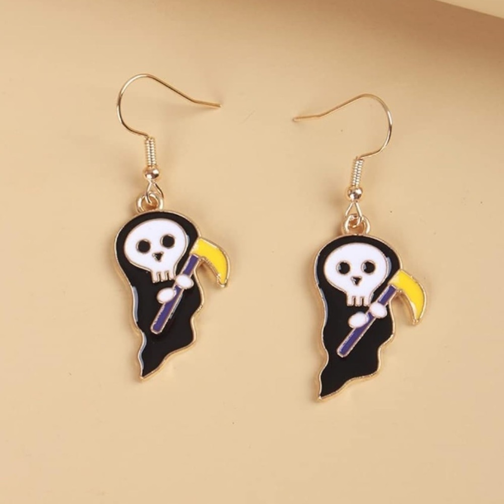 Gothic Halloween Grim Reaper Dangled Gold Fashion Earrings. 🖤